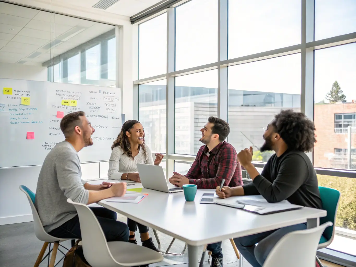 A diverse group of translators collaborating around a large table, each working on different documents and using various language tools, symbolizing the collaborative and multilingual environment of mudrax's translation services.