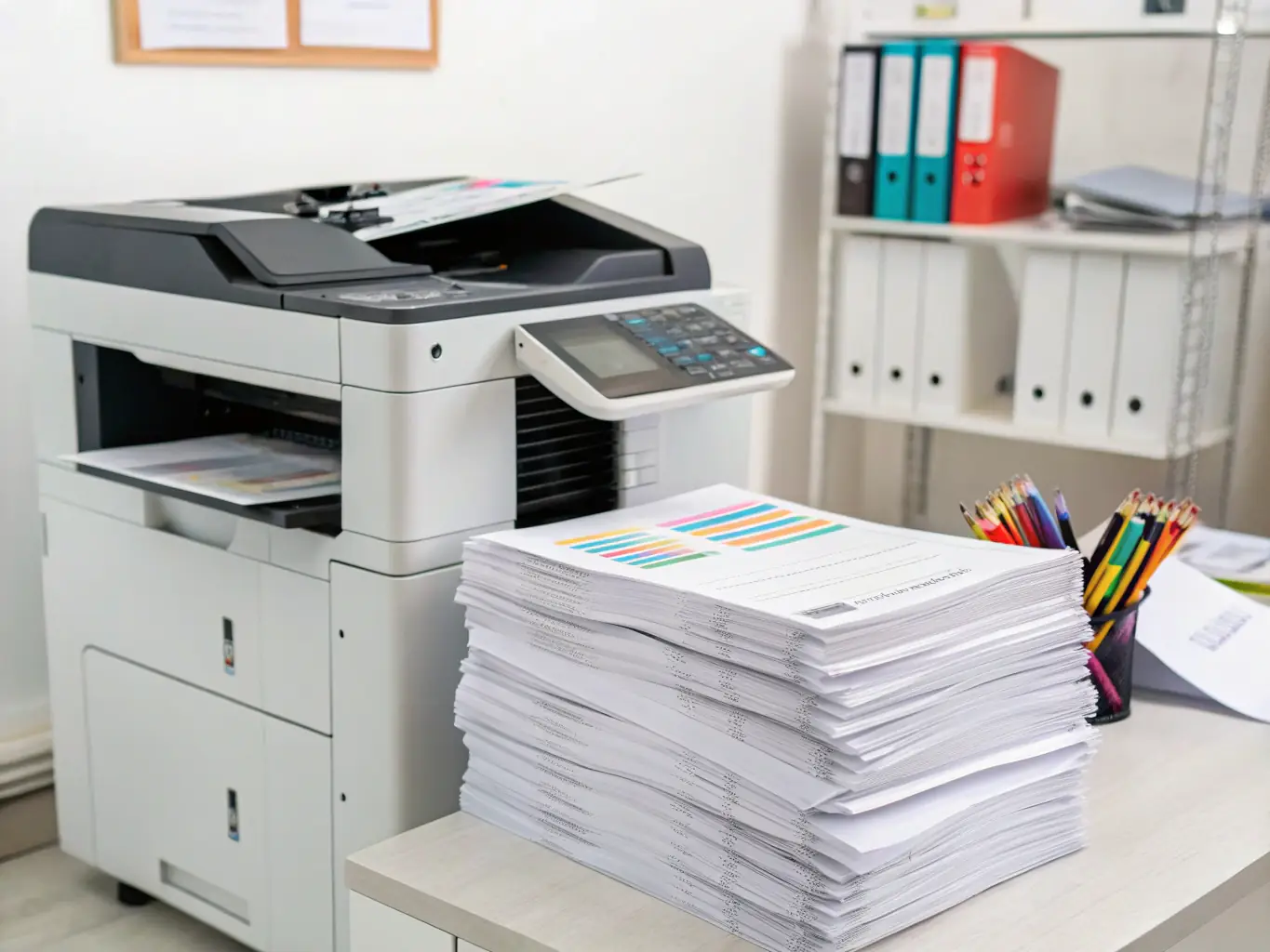 An image of stacks of documents being copied, emphasizing the efficiency and high-volume capabilities of mudrax's copying services.