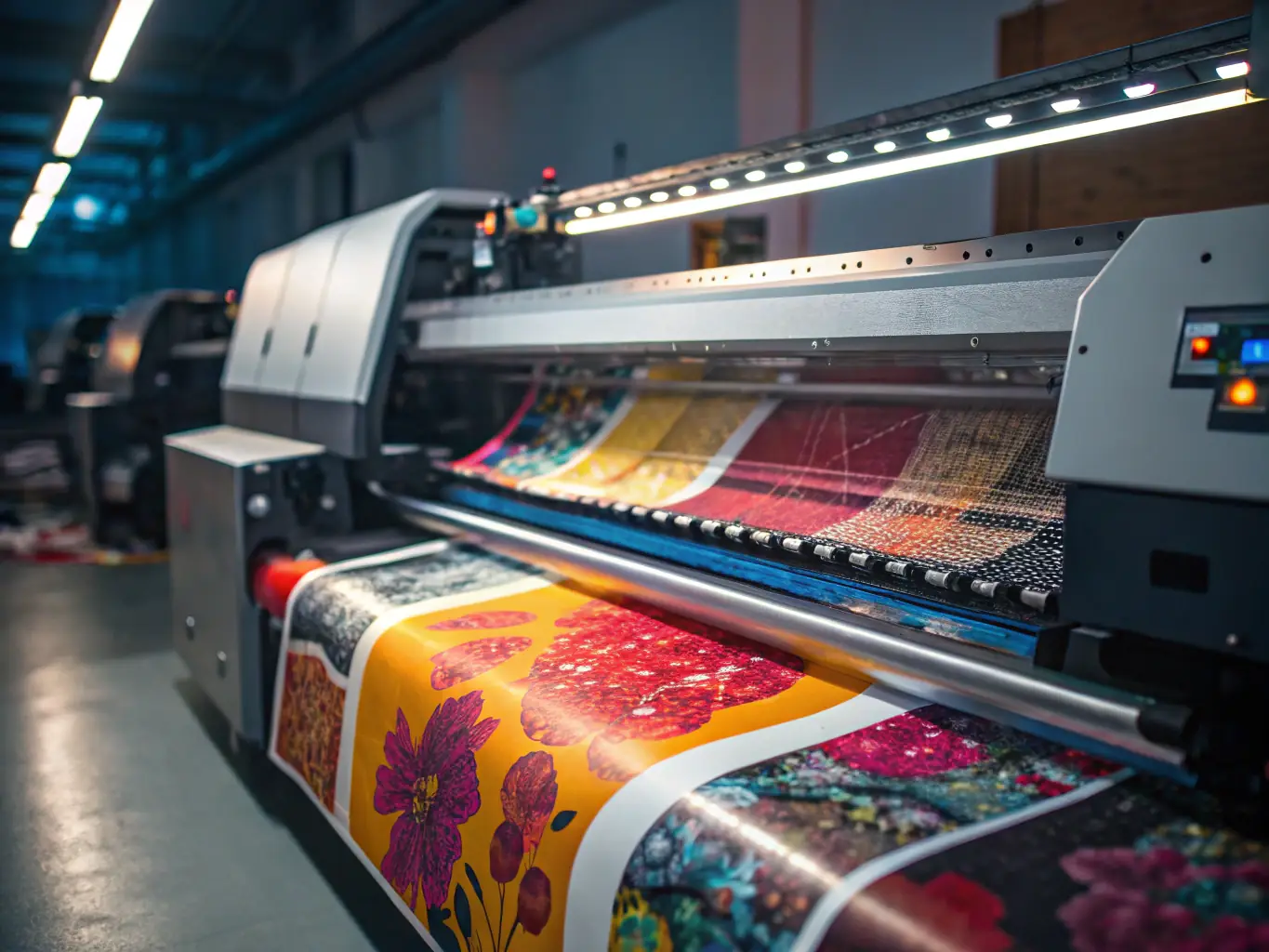 An image showcasing a modern printing press with colorful printed materials emerging from it, highlighting the high-quality output and advanced technology used by mudrax.
