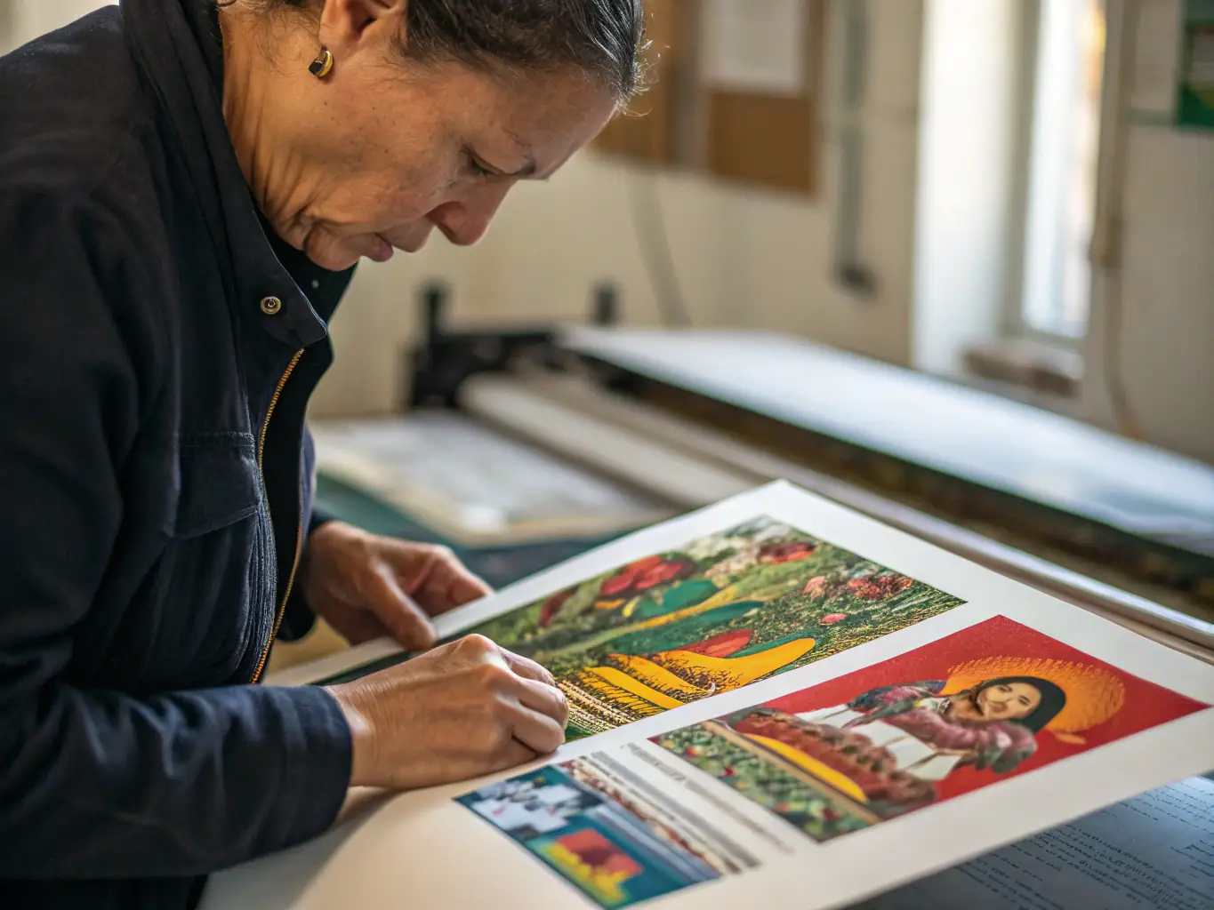 An image of a person examining a large format print, showcasing the detail and scale of mudrax's large format printing capabilities.