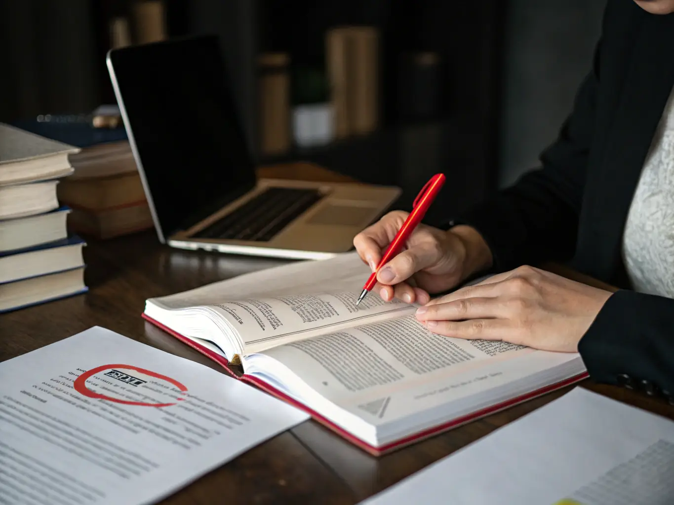 A proofreader carefully examining a printed document with a magnifying glass, marking corrections and ensuring error-free content, symbolizing the thoroughness of mudrax's proofreading services.